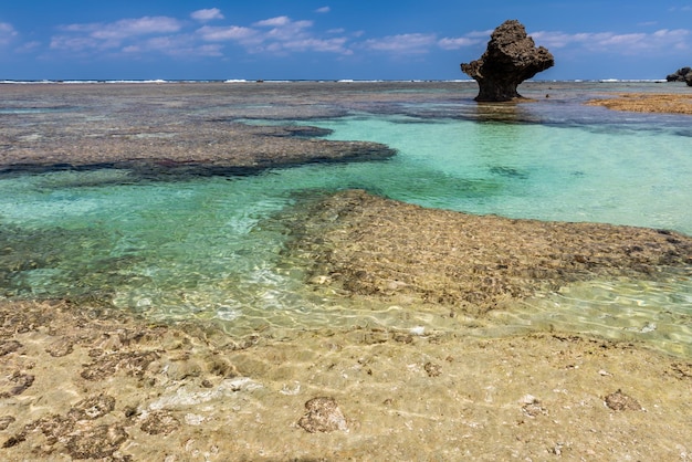 Impresionante vista de una piscina natural cristalina que reluce con rocas costeras en la superficie del mar.
