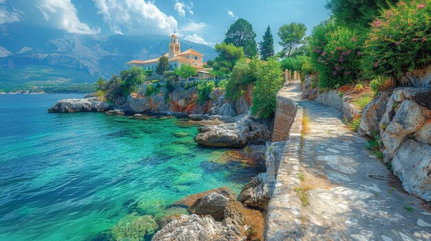 Foto impresionante vista de primavera de la linterna de san teodoro con aguas azules claras y un telón de fondo de montaña