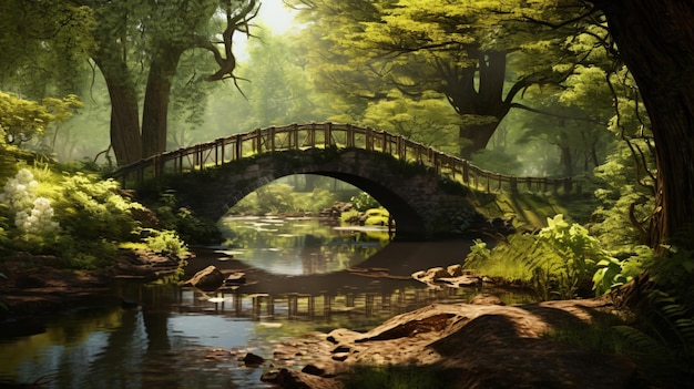 Impresionante vista del puente en el bosque de verano