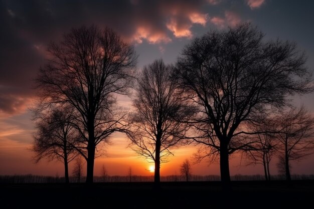 Impresionante vista de siluetas de árboles bajo el cielo al atardecer