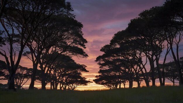 Impresionante vista de siluetas de árboles bajo el cielo al atardecer