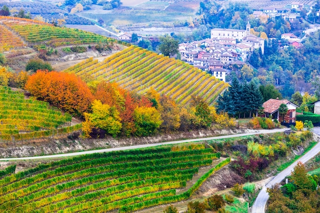 Impresionante vista de viñedos y pueblos en colores otoñales en Piamonte. Italia del norte