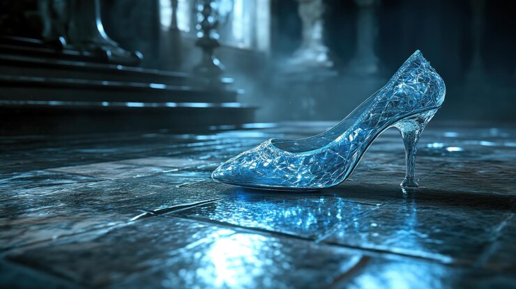 Una impresionante zapatilla de vidrio azul helado descansa en un piso de piedra en una sala real adornada y débilmente iluminada