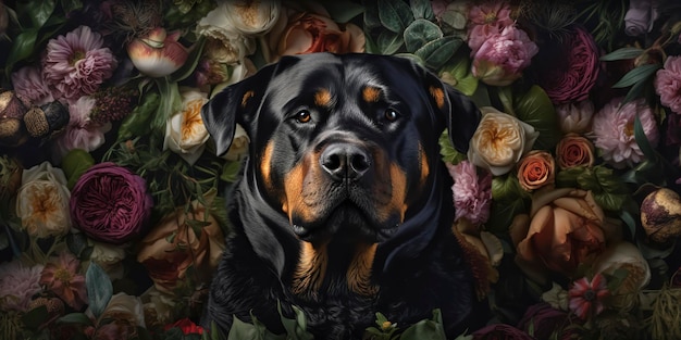 Impresionantes alrededores florales de Rottweiler en hermosas fotografías IA generativa