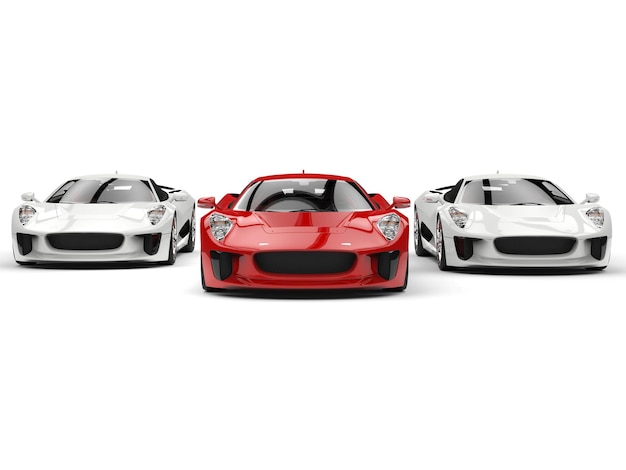 Impresionantes coches deportivos rojos y blancos uno al lado del otro vista delantera