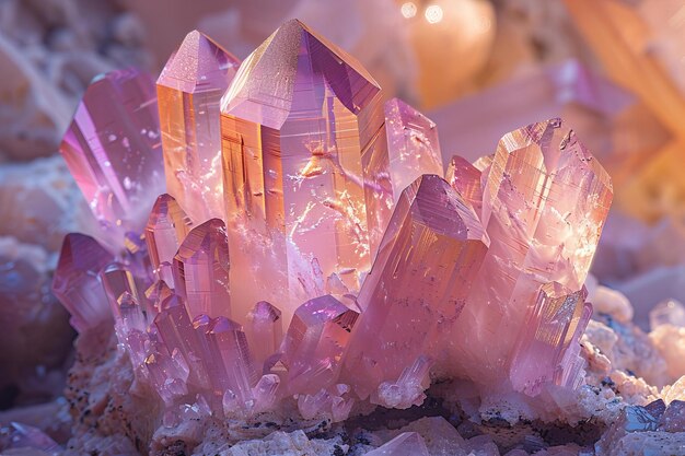 Impresionantes cristales de kunzita rosada en un entorno natural bajo una luz suave