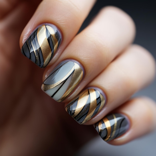 Impresionantes diseños de uñas doradas y grises con líneas pintorescas y rotación metálica
