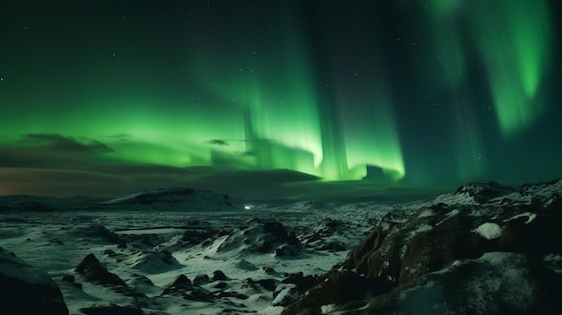 Impresionantes luces verdes de la aurora sobre un paisaje rocoso