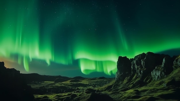 Impresionantes luces verdes de la aurora sobre un paisaje rocoso