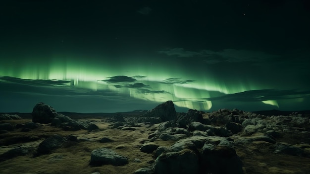 Impresionantes luces verdes de la aurora sobre un paisaje rocoso