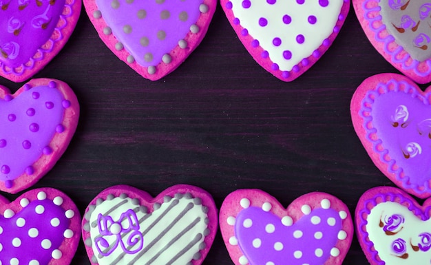 Impresionantes marcos de color rosa púrpura en forma de corazón con adorables galletas de patrón sobre fondo negro