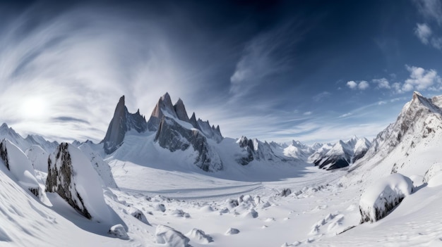 Impresionantes montañas cubiertas de nieve en una imagen de gran angular generativa de IA