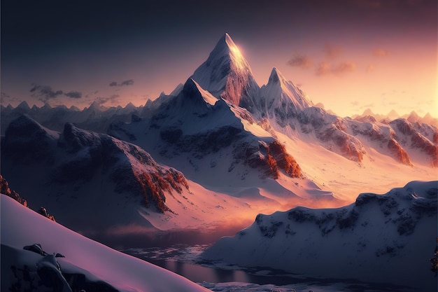 Impresionantes montañas grandes con picos nevados y una hermosa puesta de sol papel tapiz de escritorio de alta calidad pintura de teléfono inteligente póster póster decoración estilo arte fondo cielo AI