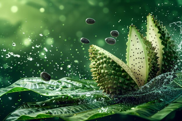 Impresionantes plantas verdes frescas con gotas de rocío y semillas flotantes en un bosque mágico encantado