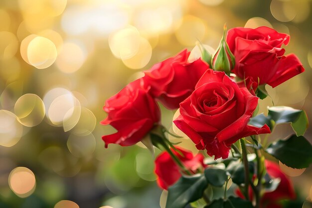 Impresionantes rosas rojas arregladas con cuidado en una textura bokeh vibrante Concepto Fotografía Macro Arreglo floral Bokeh Fondo Colores vibrantes