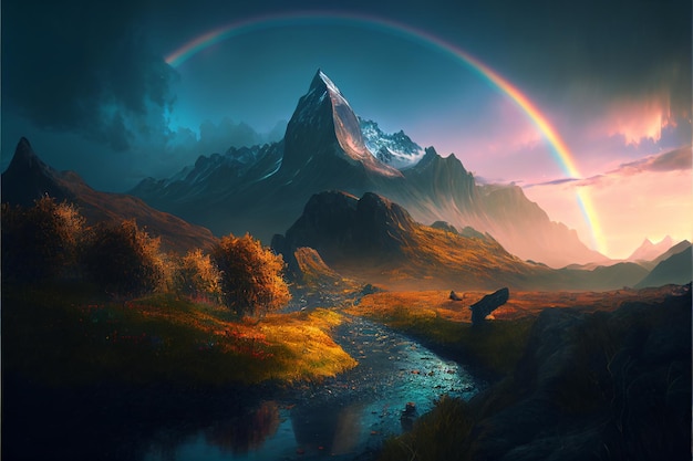 Impresionantes vistas de paisajes de montaña con arco iris al amanecer Ilustración 2D creada con tecnología de IA generativa