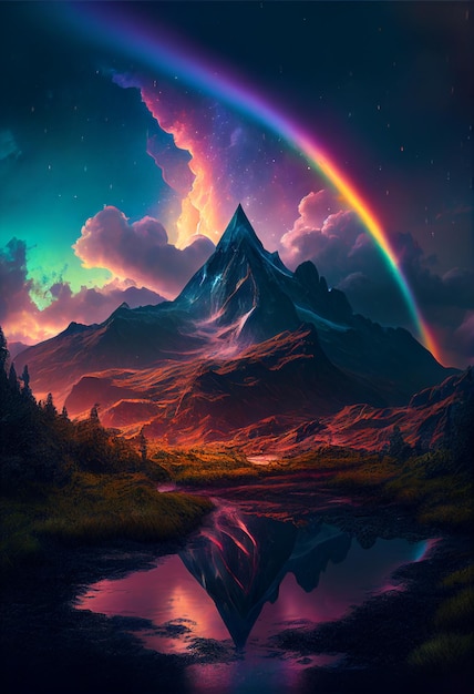 Impresionantes vistas de paisajes de montaña con arco iris al amanecer Ilustración 2D creada con tecnología de IA generativa