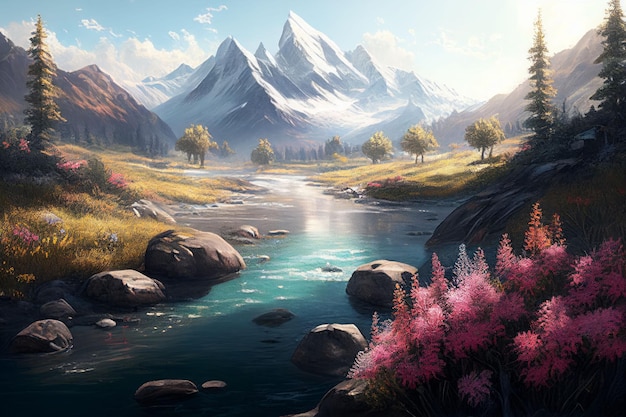 Impresionantes vistas de paisajes del río y la gran montaña al amanecer Creado con tecnología de IA generativa