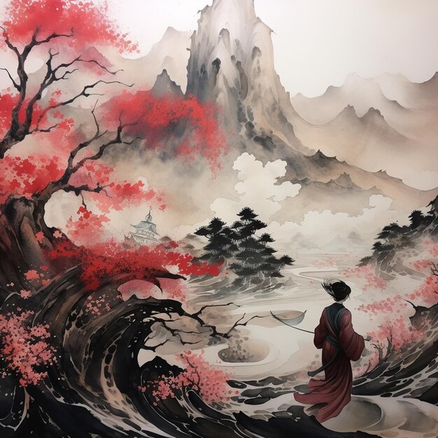 Impresiones tradicionales japonesas en madera arte del café pintura sumi e paisaje