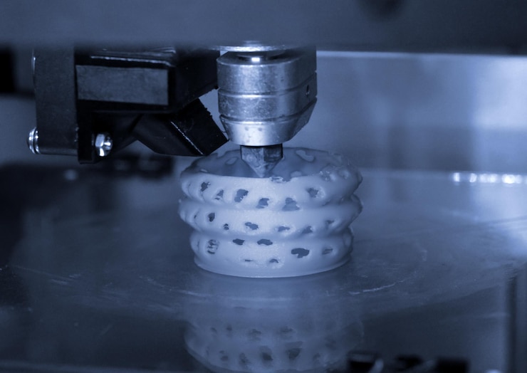 Foto la impresora 3d imprime la figura de forma gris bkue cerca. la impresora 3d tridimensional automática realiza modelado plástico en laboratorio. filamento de alambre de plástico en impresora 3d. tecnología de impresión moderna.