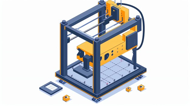 Impresora 3D imprimiendo un objeto amarillo La impresora es azul y negra Hay algunas cajas amarillas y azules cerca de la impresora