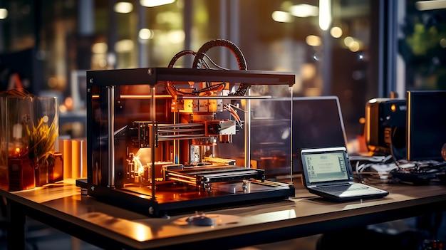 Impresora 3D en el lugar de trabajo del ingeniero con esquema tecnológico abstracto de tecnologías aditivas