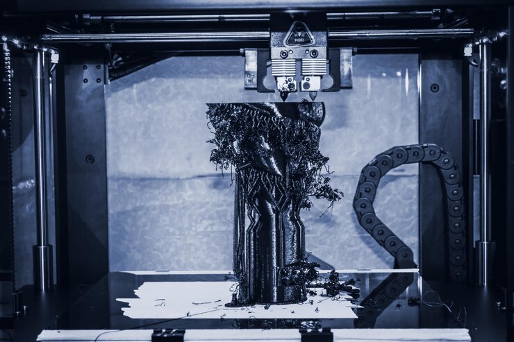 Foto impresora 3d que imprime formas negras en primer plano la impresora 3d tridimensional automática realiza modelado de plástico en laboratorio color gris azul