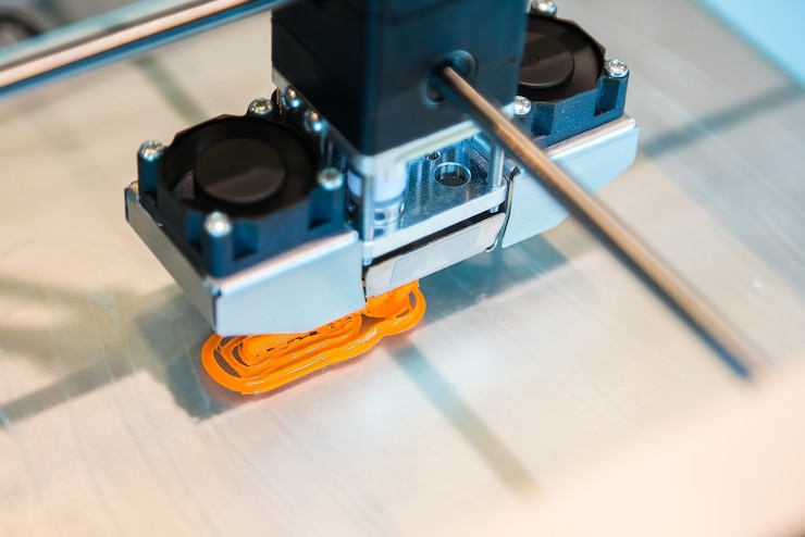 Foto la impresora 3d tridimensional automática realiza la creación de productos.