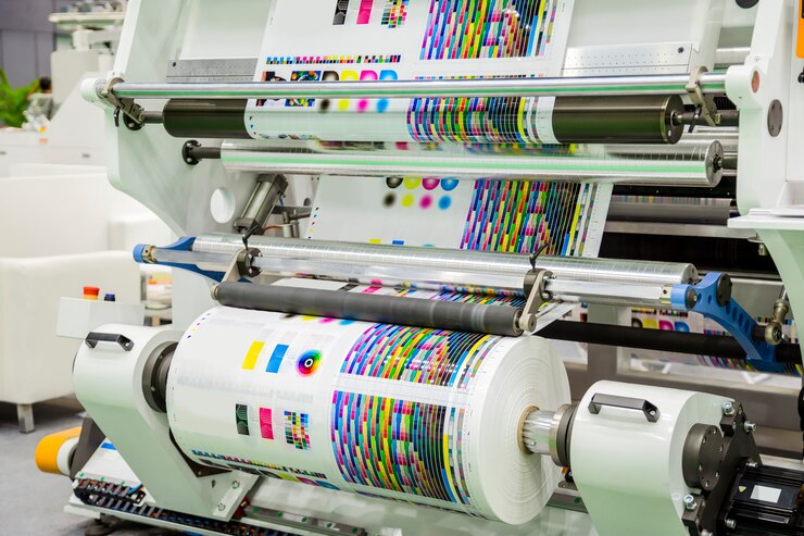 Foto impresora offset grande que ejecuta un largo rollo de papel en la línea de producción de la máquina impresora industrial.