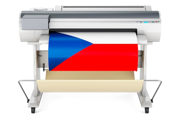 Impresora plotter de gran formato con bandera checa 3D rendering aislado sobre fondo blanco.