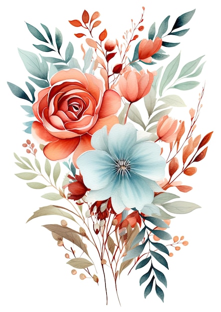 impressão artística de rosas e plantas em aquarela