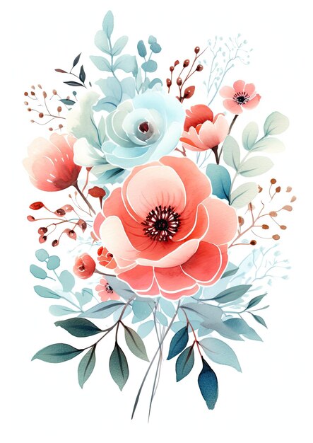 impressão artística de rosas e plantas em aquarela