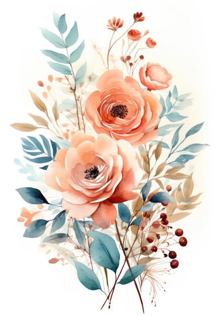 impressão artística de rosas e plantas em aquarela