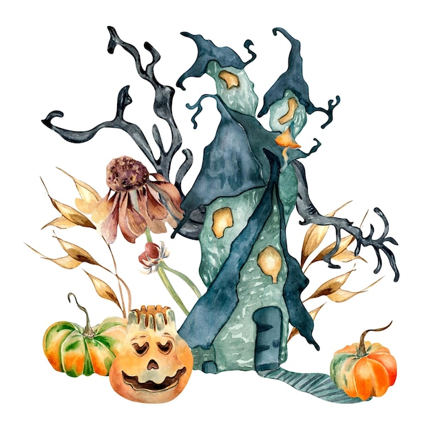 Impressão colorida de halloween com ilustração de aquarela de casa assombrada isolada em branco