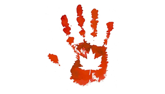 Impressão da mão vermelha com uma folha de bordo na palma do Canadá Day Holiday Concept