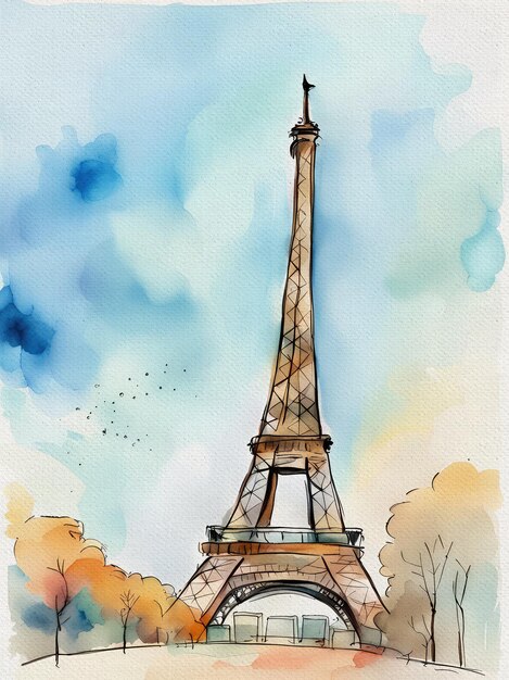 Impressão de arte em tela em aquarela com foto gratuita da Torre Eiffel Paris França