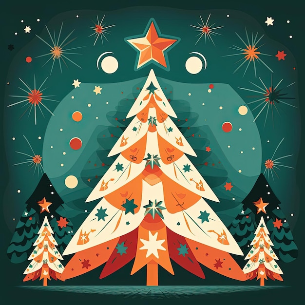 impressão de árvore de Natal com estrelas e ornamentos ilustração design clip art no estilo de gráfico