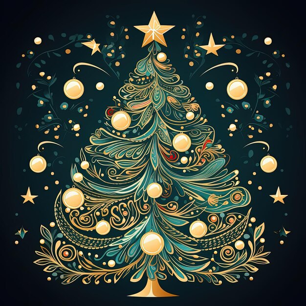 impressão de árvore de Natal com estrelas e ornamentos ilustração design clip art no estilo de gráfico
