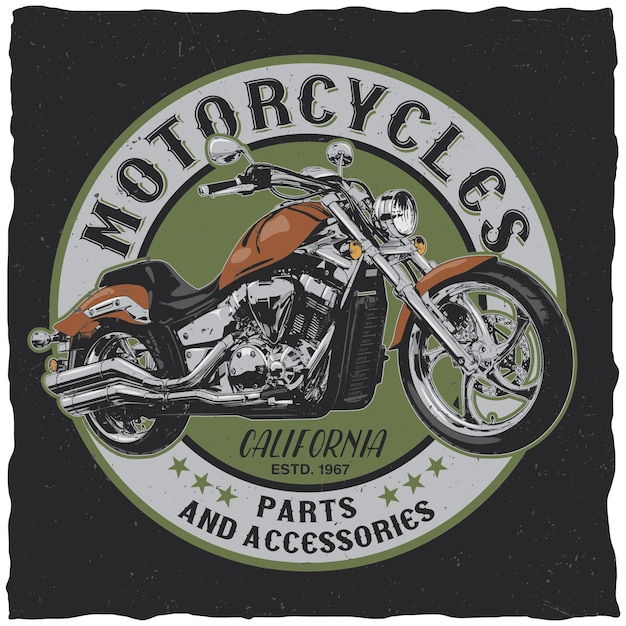Impressão de camiseta com motocicleta em fundo claro e textura grunge