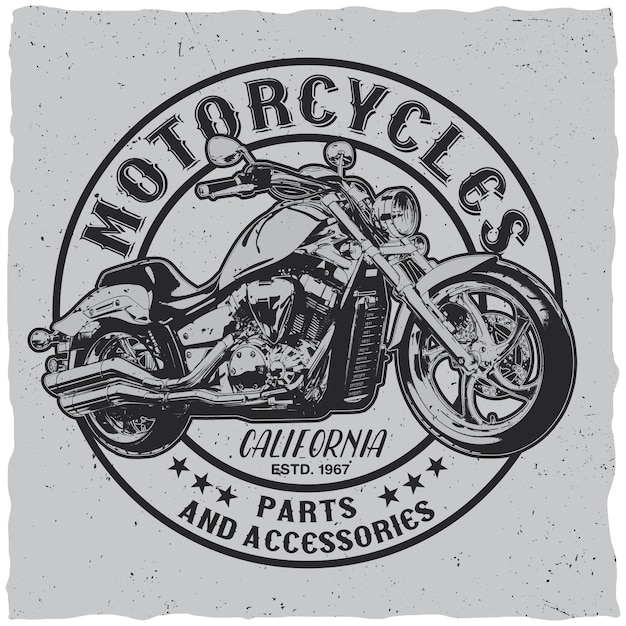 Impressão de camiseta com motocicleta em fundo claro e textura grunge