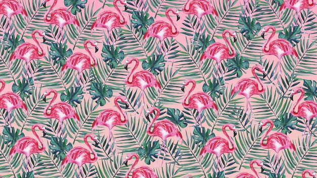 Impressão de flamingo em um fundo rosa com folhas verdes