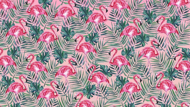 Foto impressão de flamingo em um fundo rosa com folhas verdes