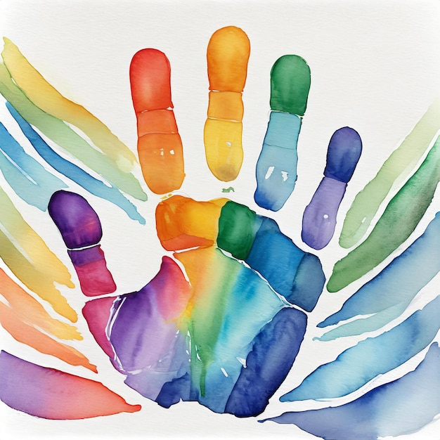Impressão de mão humana em aquarela pintada em cores do arco-íris Dia Mundial da Conscientização sobre o Autismo Dia das Crianças