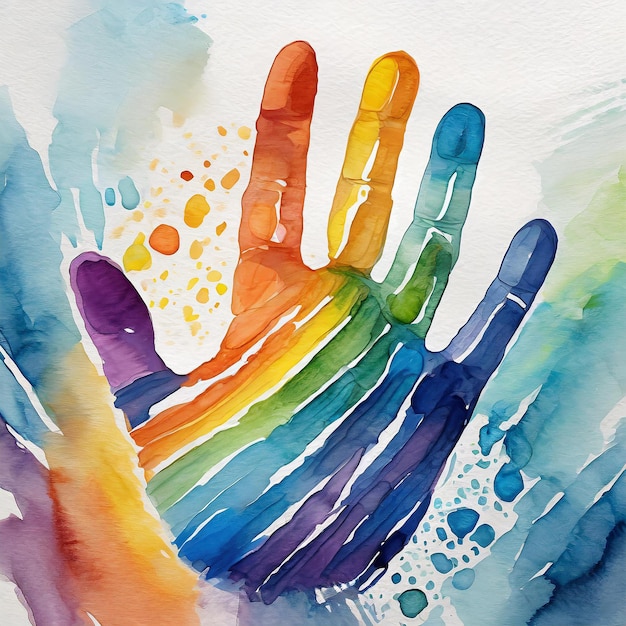 Impressão de mão humana em aquarela pintada em cores do arco-íris Dia Mundial da Conscientização sobre o Autismo Dia das Crianças