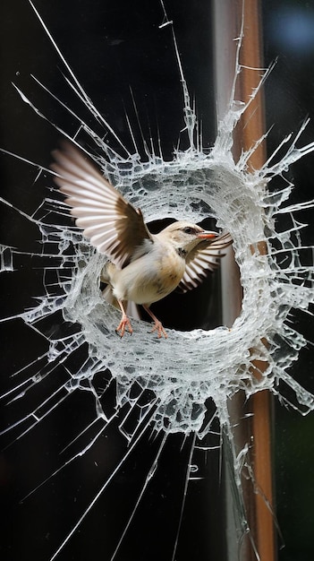 Foto impressão deixada por um pássaro a bater numa janela de vidro.