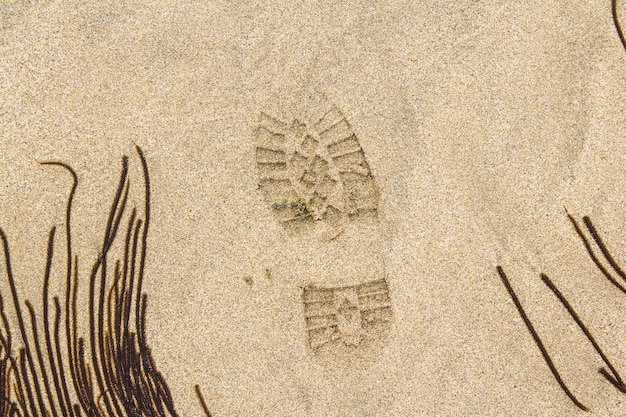 Impressão do sapato na lama com impressão de espaço de cópia no passo do pé de terra em fundo de areia