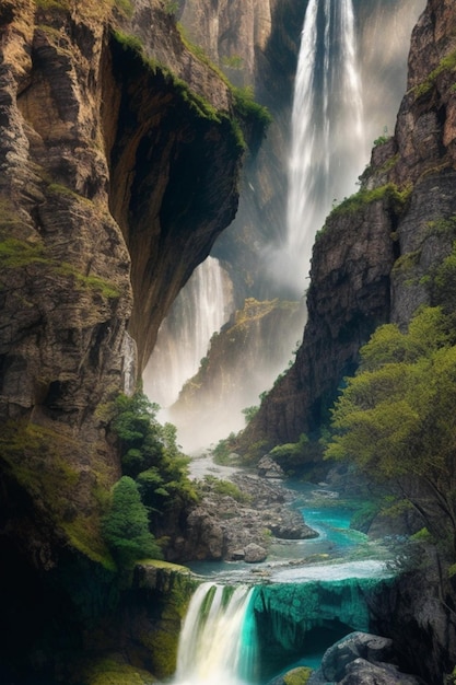 Impressão metálica digital Uma paisagem mística cheia de montanhas altas e cachoeiras em cascata