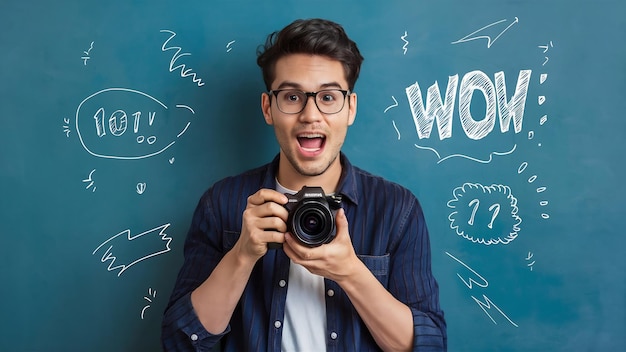 Impressionado e excitado fotógrafo masculino bonito trabalhando em um novo projeto segurando a câmera abrindo a boca em