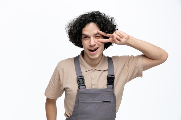 Impressionado jovem trabalhador da construção civil vestindo uniforme olhando para a câmera mostrando sinal de paz perto do olho piscando isolado no fundo branco