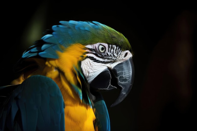 Impressionante arara azul e dourada empoleirada em um ambiente exuberante